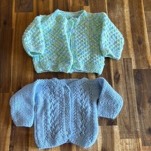 Hand-Knit Baby Cardigans in Blue and Green